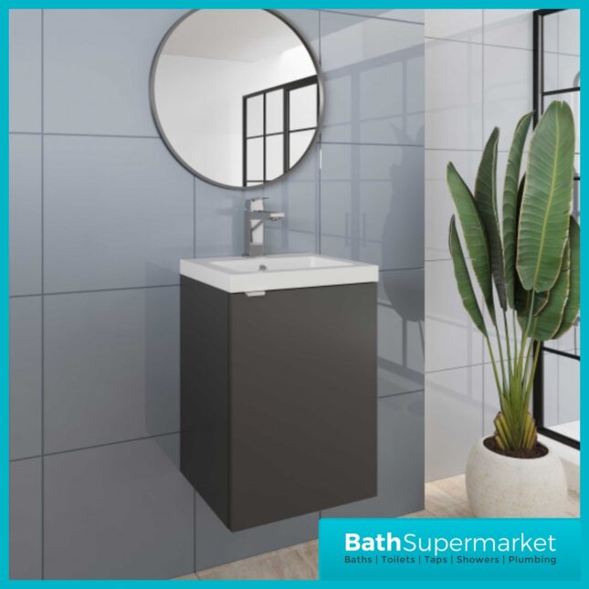 Upgrade your room and achieve a co-ordinated look with our beautiful Fusion wall hung furniture range, featuring a anthracite woodgrain finish, they are designed to bring seamless form and functionality to your area. Our compact vanity units feature a thinner depth, making them perfect for cloakrooms or smaller bathrooms where space is a priority. For added convenience, these ready-built combinations are available in other contemporary colours, and in either a side or centrally located pre-drilled tap hole polymarble slimline basin, offering you flexibility to suit your preferred design and washroom layout that best fits your space while maintaining a sleek and functional look. These excellent pre-assembled mounted piece come supplied with a satin nickel wrapover bar handle that will help you to save time, simplifying installation and achieving an easier life. This modern product also includes a soft-close hinge door, reducing daily wear and tear while providing a quieter, smoother closing action for a touch of luxury in your everyday routine