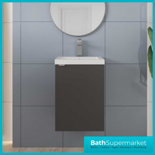 Upgrade your room and achieve a co-ordinated look with our beautiful Fusion wall hung furniture range, featuring a anthracite woodgrain finish, they are designed to bring seamless form and functionality to your area. Our compact vanity units feature a thinner depth, making them perfect for cloakrooms or smaller bathrooms where space is a priority. For added convenience, these ready-built combinations are available in other contemporary colours, and in either a side or centrally located pre-drilled tap hole polymarble slimline basin, offering you flexibility to suit your preferred design and washroom layout that best fits your space while maintaining a sleek and functional look. These excellent pre-assembled mounted piece come supplied with a satin nickel wrapover bar handle that will help you to save time, simplifying installation and achieving an easier life. This modern product also includes a soft-close hinge door, reducing daily wear and tear while providing a quieter, smoother closing action for a touch of luxury in your everyday routine