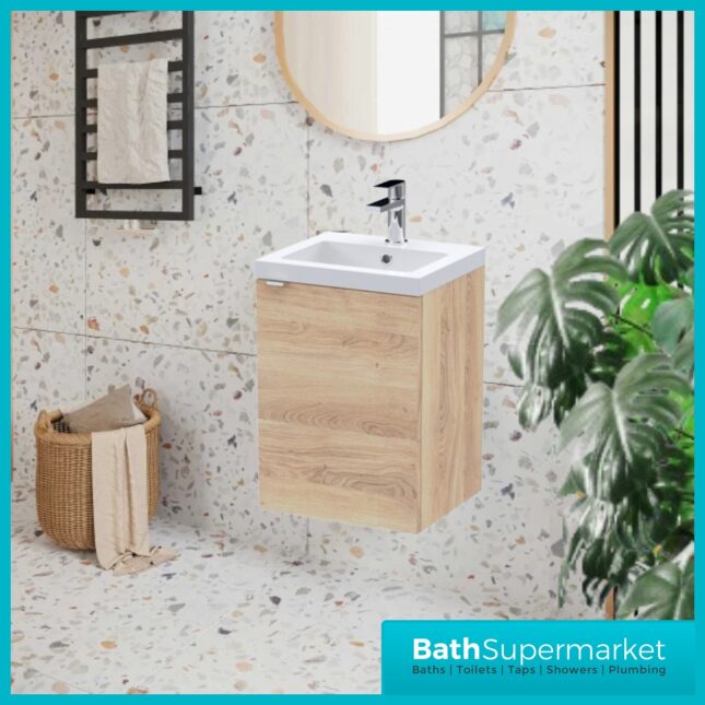 Hudson Reed Fusion Bleached Oak Wall Hung Centre Tap Hole Basin Unit 400mm