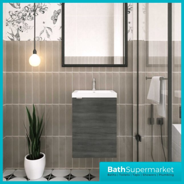 Hudson Reed Fusion Anthracite Woodgrain Wall Hung Centre Tap Hole Basin Unit 400mm