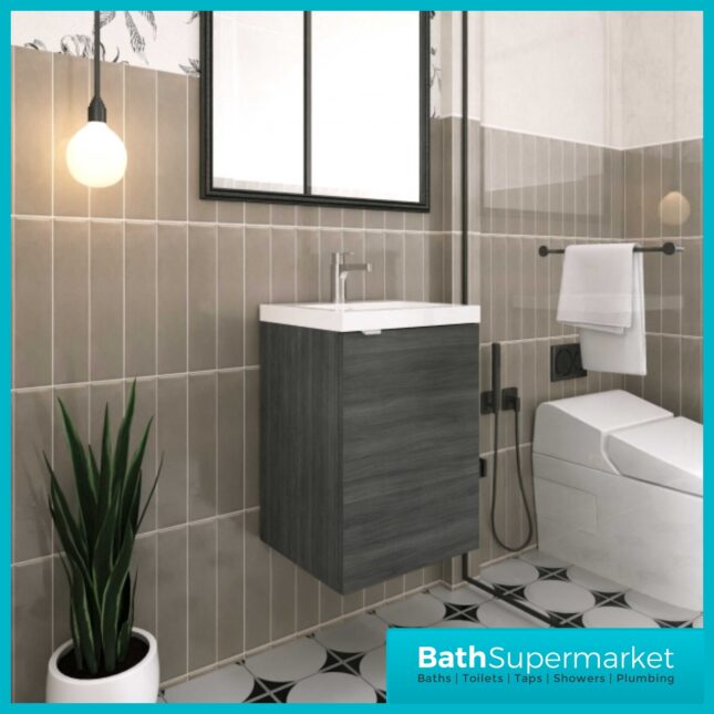 Hudson Reed Fusion Anthracite Woodgrain Wall Hung Centre Tap Hole Basin Unit 400mm
