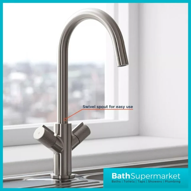 Bristan Fern Stainless Steel Easyfit Swan Neck Swivel Spout Twin Lever Kitchen Mixer Tap