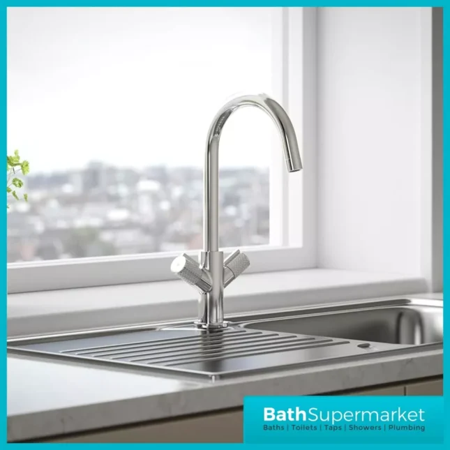 Bristan Fern Chrome Easyfit Swan Neck Swivel Spout Twin Lever Kitchen Mixer Tap