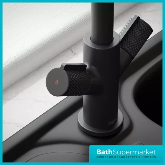 Bristan Fern Black Easyfit Swan Neck Swivel Spout Twin Lever Kitchen Mixer Tap