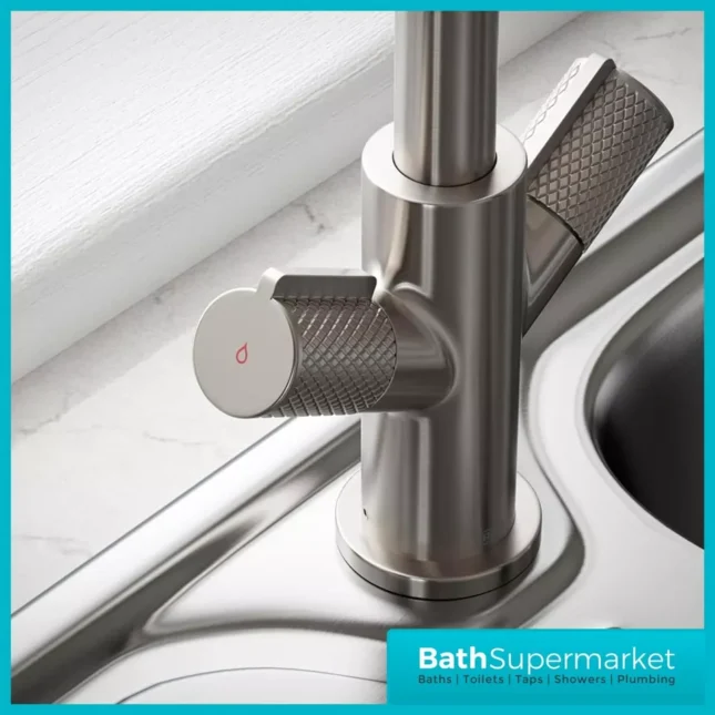 Bristan Fern Stainless Steel Easyfit Swan Neck Swivel Spout Twin Lever Kitchen Mixer Tap