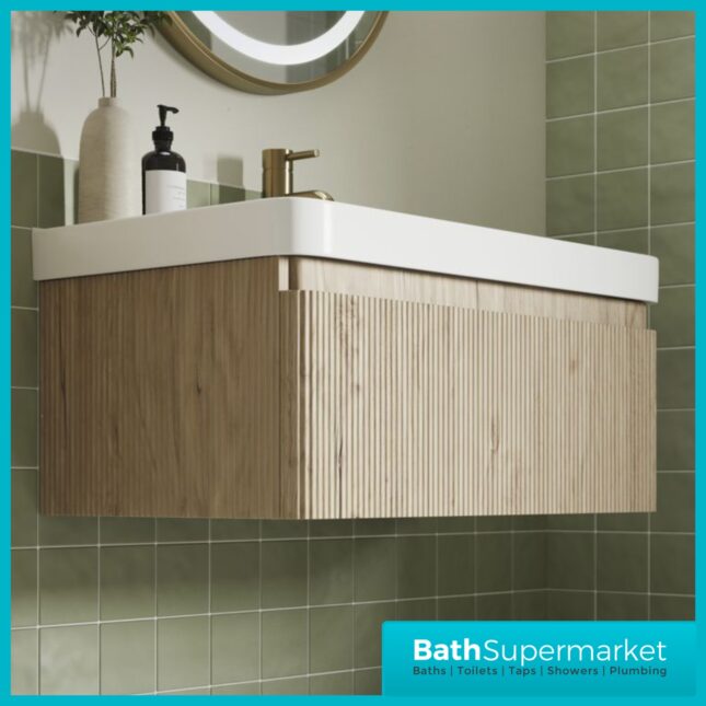 AquaVolere Kasai Textura Oak Fluted Wall Hung 1 Drawer Basin Unit 805mm