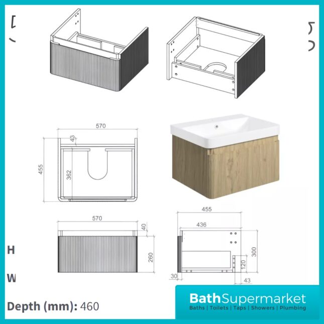 AquaVolere Kasai Textura Oak Fluted Wall Hung 1 Drawer Basin Unit 805mm