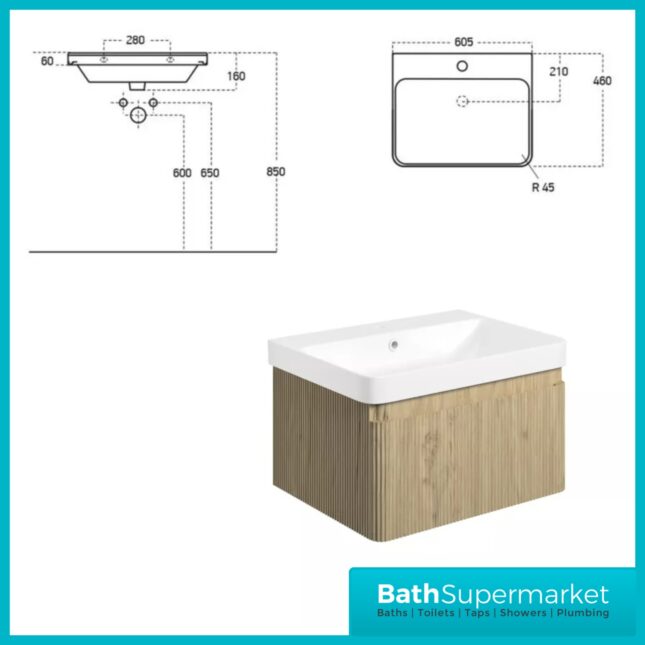 AquaVolere Kasai Textura Oak Fluted Wall Hung 1 Drawer Basin Unit 805mm