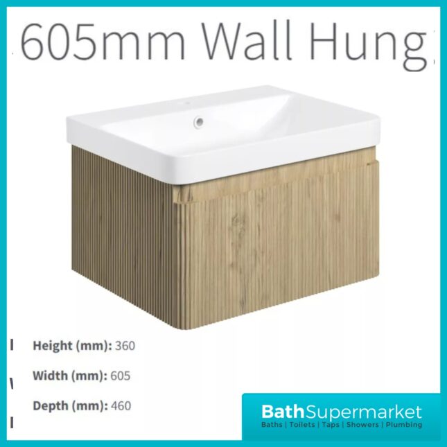 AquaVolere Kasai Textura Oak Fluted Wall Hung 1 Drawer Basin Unit 605mm