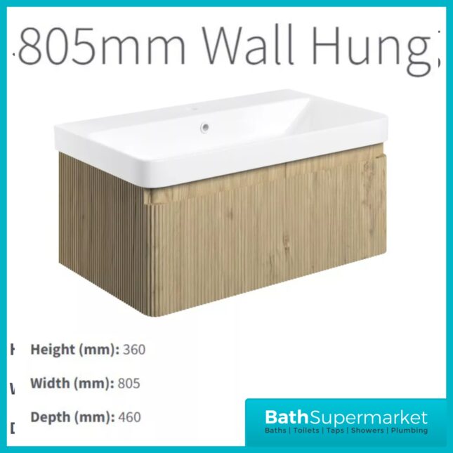 AquaVolere Kasai Textura Oak Fluted Wall Hung 1 Drawer Basin Unit 805mm
