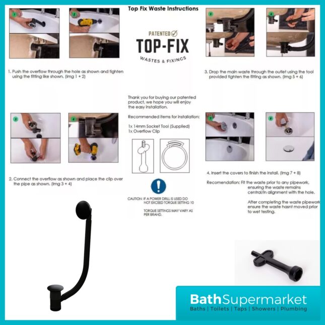 Ellsi Matt Black Round Click-Clack Bath Waste Top-Fix With Overflow Waste