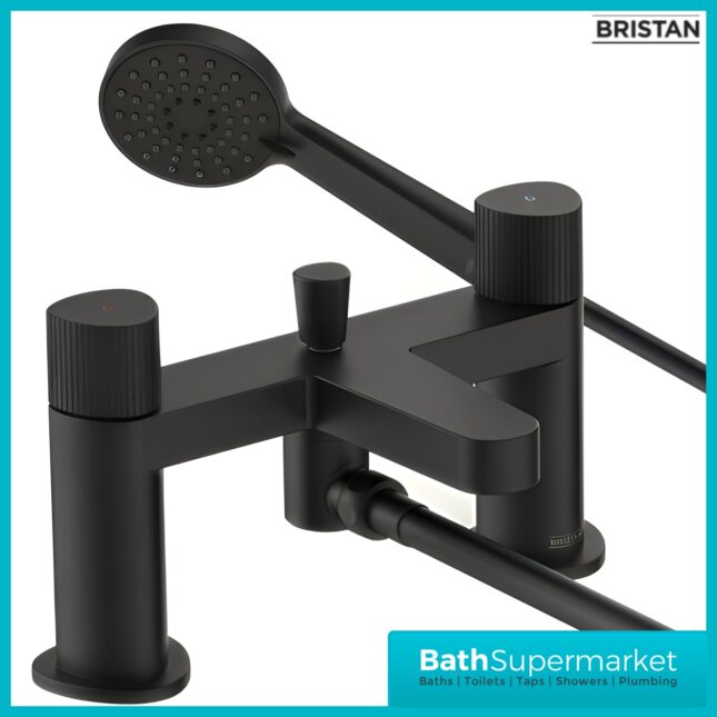 Bristan Liso Matt Black Deck Mounted Bath Shower Mixer Tap Kit & Wall Bracket