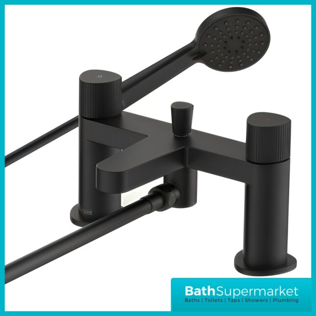 Bristan Liso Matt Black Deck Mounted Bath Shower Mixer Tap Kit & Wall Bracket