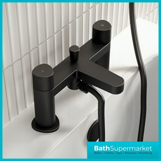 Bristan Liso Matt Black Deck Mounted Bath Shower Mixer Tap Kit & Wall Bracket
