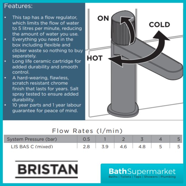Bristan Liso Matt Black Mono Basin Mixer Tap With Clicker Waste