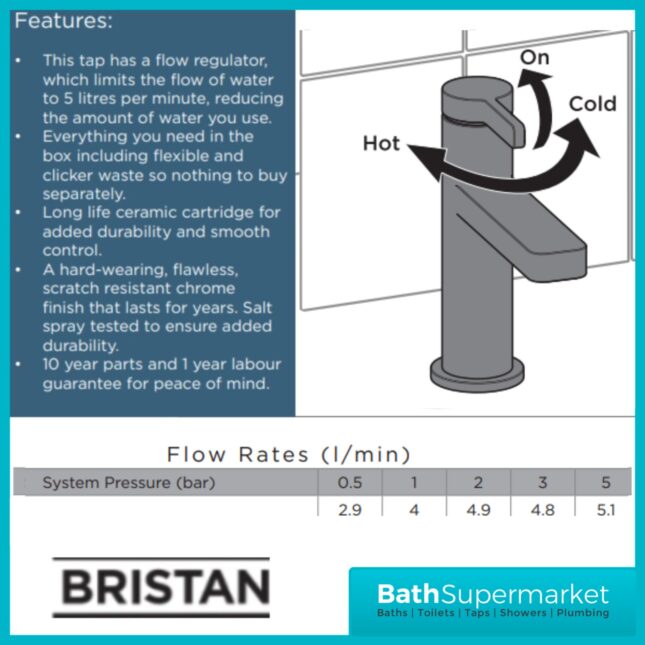 Bristan Elevar Matt Black Mono Basin Mixer Tap With Clicker Waste