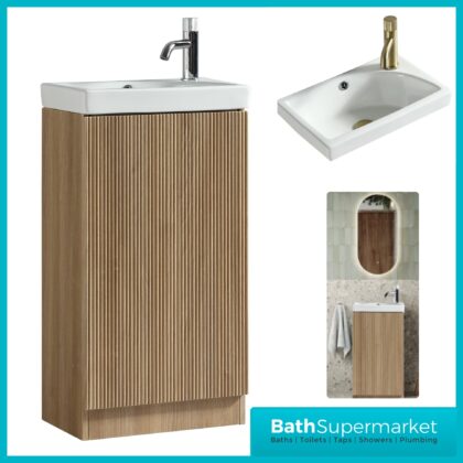 Tailored Fluted Oak Mini Compact Cloakroom Floor Standing Vanity Basin Unit 460mm