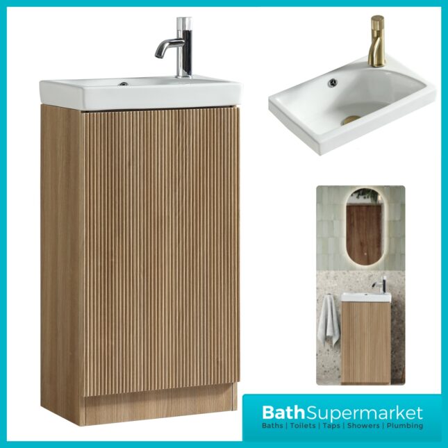 Tailored Fluted Oak Mini Compact Cloakroom Floor Standing Vanity Basin Unit 460mm