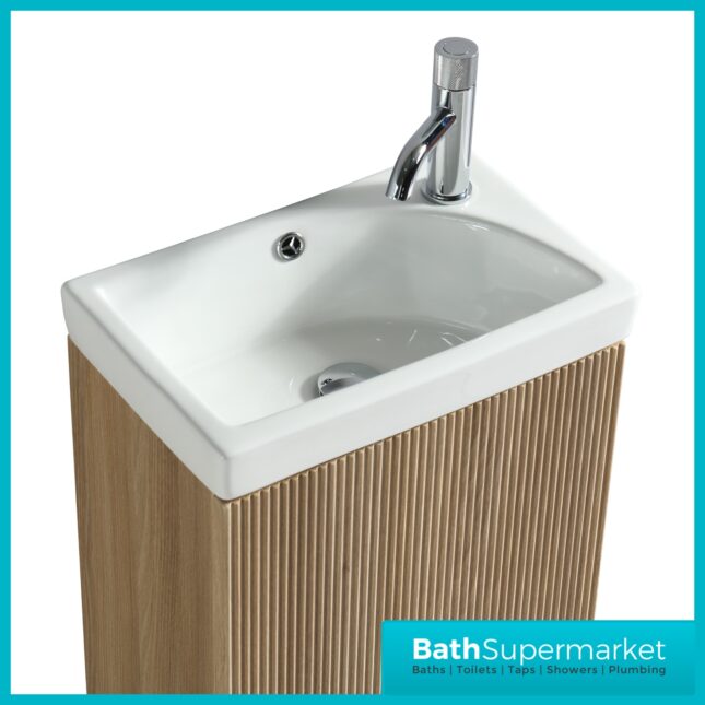 Tailored Fluted Oak Mini Compact Cloakroom Floor Standing Vanity Basin Unit 460mm