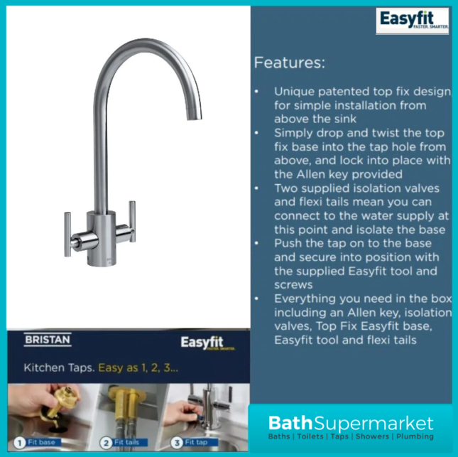 Bristan Artisan Brushed Nickel Easyfit Swivel Spout Twin Lever Kitchen Mixer Tap