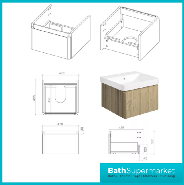 AquaVolere Kasai Textura Oak Fluted Wall Hung 1 Drawer Basin Unit 500mm