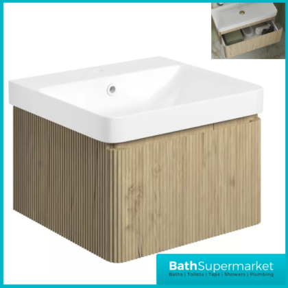 AquaVolere Kasai Textura Oak Fluted Wall Hung 1 Drawer Basin Unit 500mm