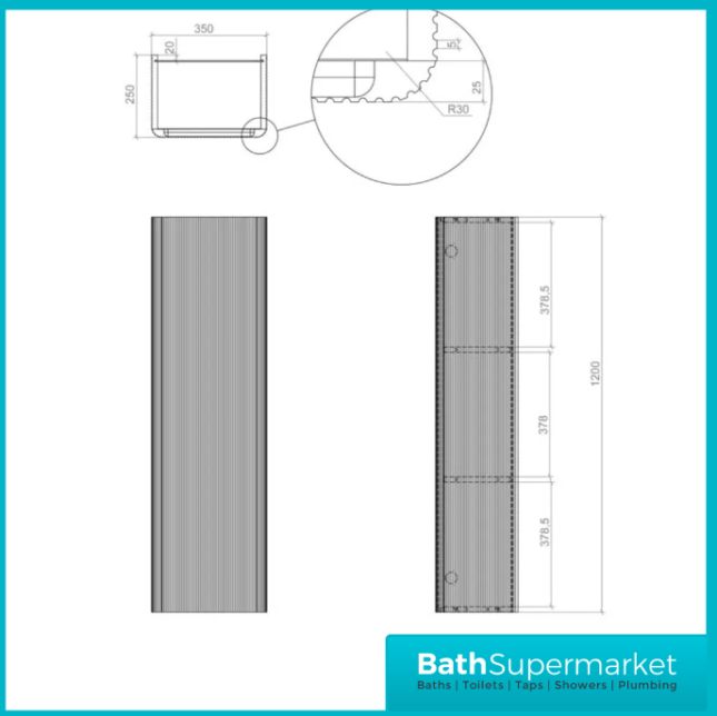 AquaVolere Kasai Textura Oak Fluted Wall Hung 1 Door Tall Storage Unit 350mm