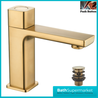 Tailored AquaSquare PressFlow Brushed Brass Push Button Basin Mixer Tap