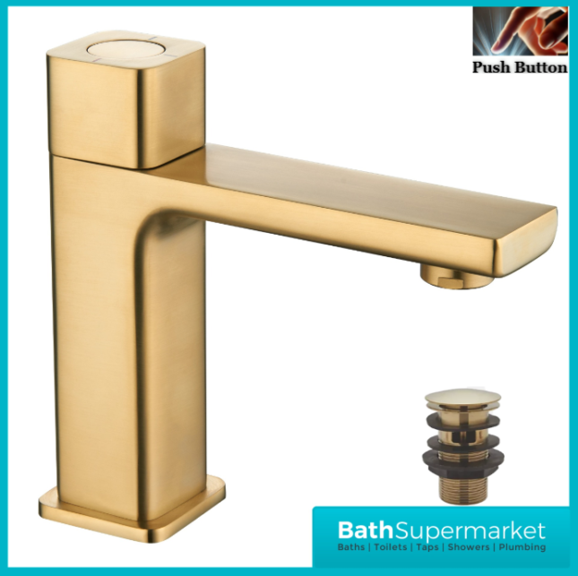 Tailored AquaSquare PressFlow Brushed Brass Push Button Basin Mixer Tap