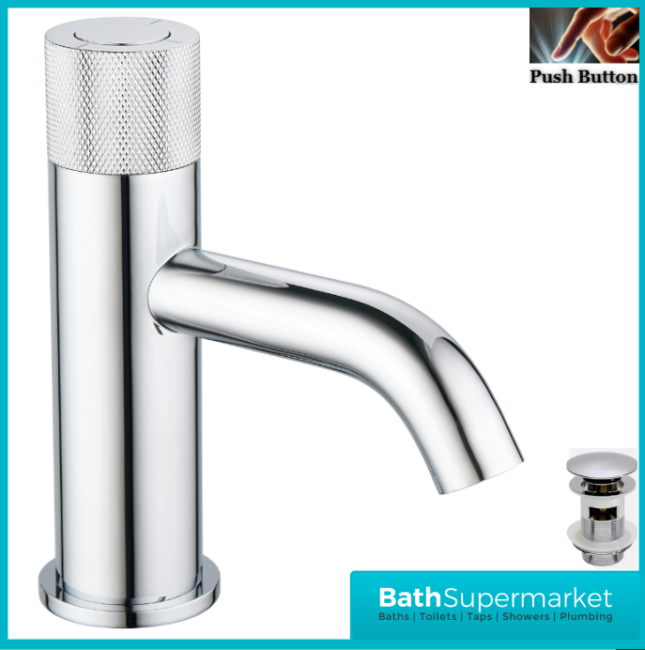 Tailored AquaRound PressFlow Chrome Push Button Knurled Basin Mixer Tap