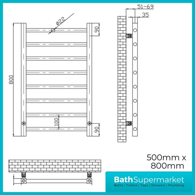 Sognare Vibe Brushed Brass Designer Towel Rail Radiator 500mm Width x 800mm High