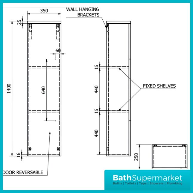 Purity Gloss White Wall Mounted Tall Side Storage Unit 1400mm Height