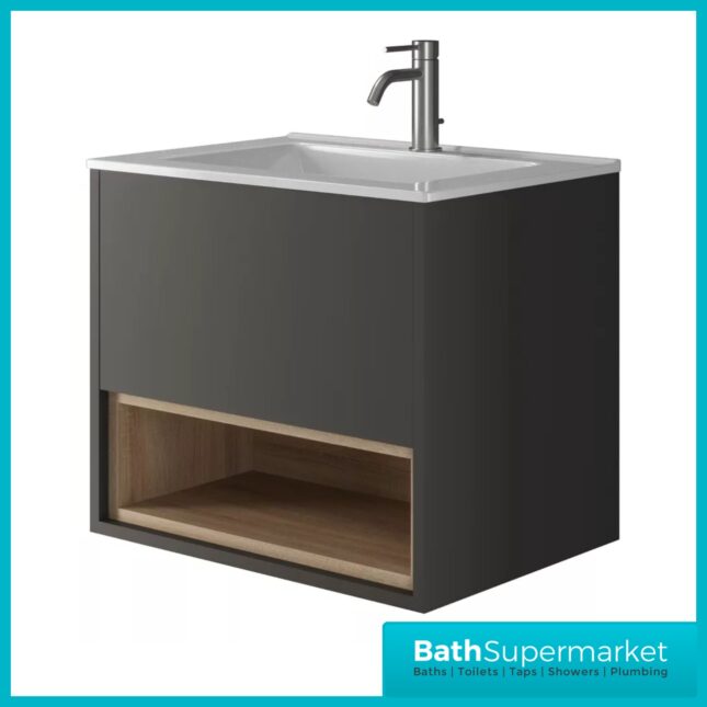 Loughermore Matt Graphite Wall Hung Open Shelf Vanity Basin Unit 600mm