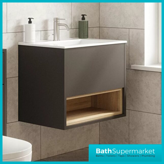 Loughermore Matt Graphite Wall Hung Open Shelf Vanity Basin Unit 600mm