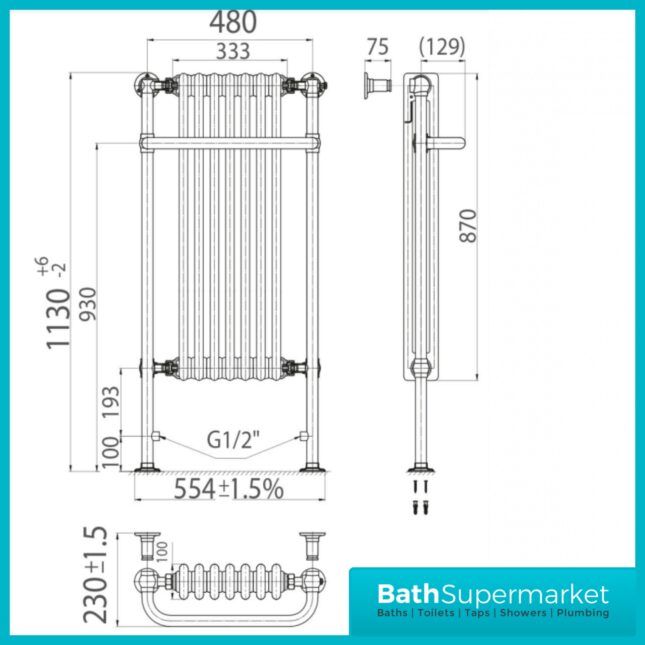 Sognare Ilkley 7 Column Chrome Heated White Column Radiator 1130mm x 554mm