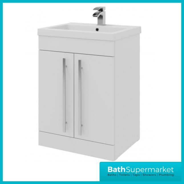 Purity White Gloss Floor Standing 2 Door Unit & Mid Depth Ceramic Basin 600mm Wide