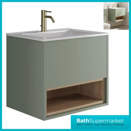 Loughermore Matt Pistachio Wall Hung Open Shelf Vanity Basin Unit 600mm