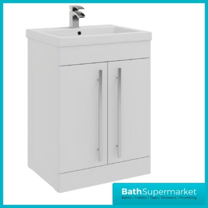 Purity White Gloss Floor Standing 2 Door Unit & Mid Depth Ceramic Basin 600mm Wide