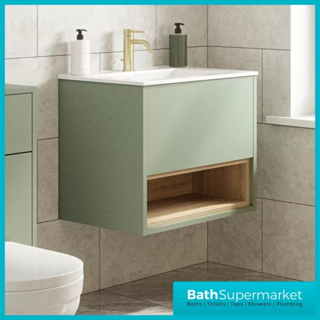 Loughermore Matt Pistachio Wall Hung Open Shelf Vanity Basin Unit 600mm