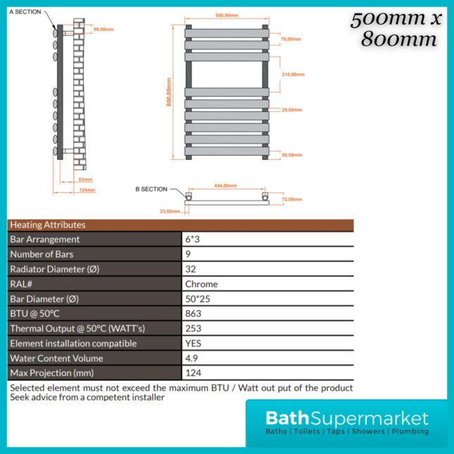 Sognare Instyle Polished Chrome Straight Ladder Towel Radiator 500mm Wide