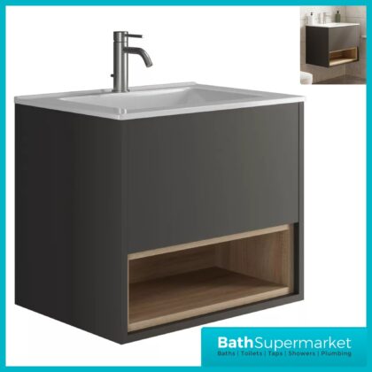 Loughermore Matt Graphite Wall Hung Open Shelf Vanity Basin Unit 600mm
