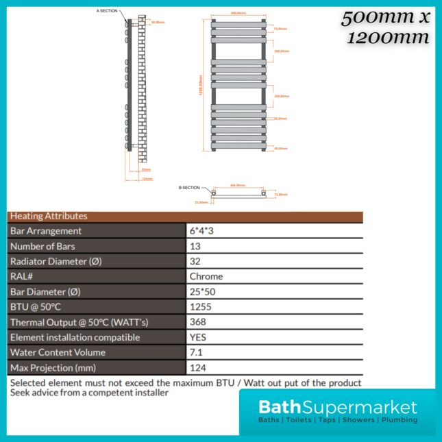 Sognare Instyle Polished Chrome Straight Ladder Towel Radiator 500mm Wide