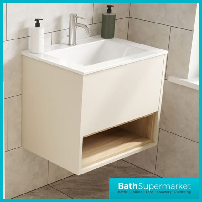 Loughermore Matt Cashmere Wall Hung Open Shelf Vanity Basin Unit 600mm