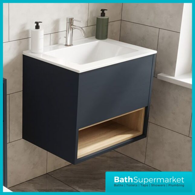 Loughermore Matt Indigo Wall Hung Open Shelf Vanity Basin Unit 600mm