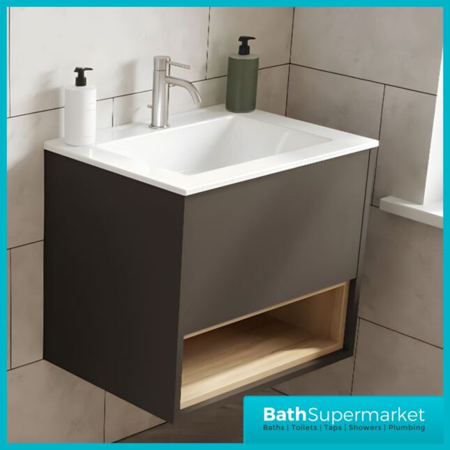 Loughermore Matt Graphite Wall Hung Open Shelf Vanity Basin Unit 600mm