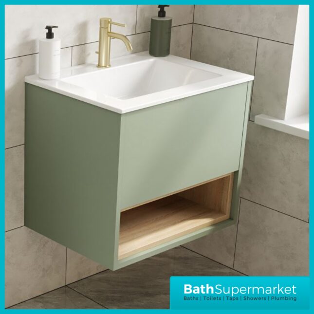 Loughermore Matt Pistachio Wall Hung Open Shelf Vanity Basin Unit 600mm