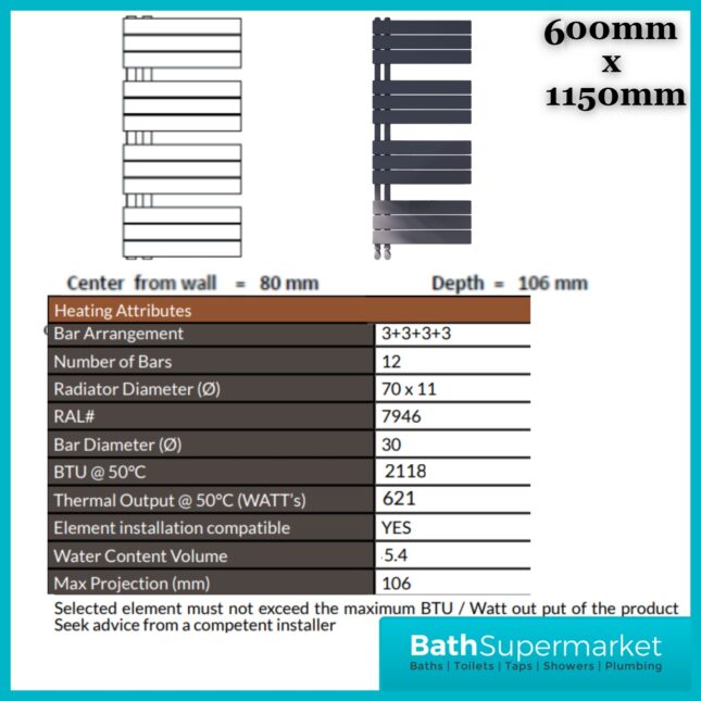 Sognare Thames Matt Anthracite Straight Ladder Towel Radiator 600mm Wide