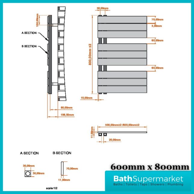 Sognare Thames Matt White Straight Ladder Towel Radiator 600mm Wide