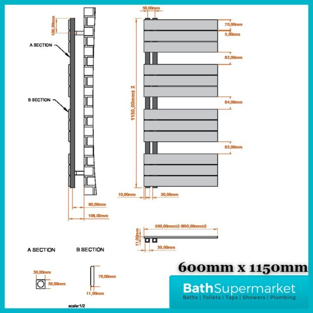 Sognare Thames Matt White Straight Ladder Towel Radiator 600mm Wide