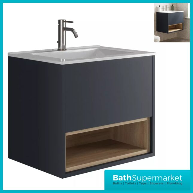 Loughermore Matt Indigo Wall Hung Open Shelf Vanity Basin Unit 600mm